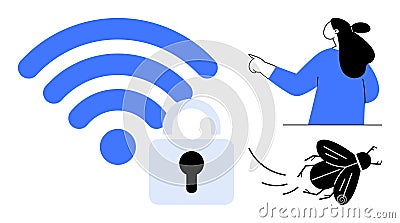 Secured wireless with Tech Support and Bug Troubleshooting Visual Vector Illustration