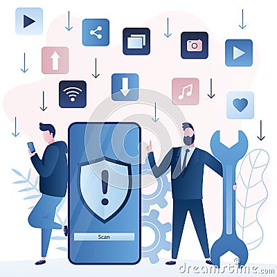 Securely download files and applications to smartphone. System scan for viruses. File transfer and sharing Vector Illustration