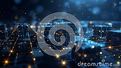 Securing abstract futuristic robot automation in a global network with cybersecurity measures. Stock Photo