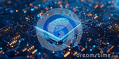 Securing Data and Access in Future Technology: Blue Microchip with Fingerprint Symbolizing Stock Photo