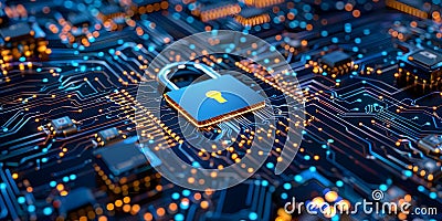 Securing Digital Data with Lock and Circuit Design on Abstract Background. Concept Cybersecurity, Stock Photo