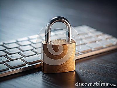 Securing Digital Frontiers: A Minimalist Padlock on a Keyboard, a Powerful Abstract Image of Security Stock Photo