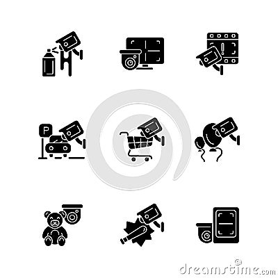 Securing home and business black glyph icons set on white space Vector Illustration