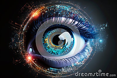 Close up on eye scan technology. Digital information data eye sight. Cyber security identity verification. Generative AI Stock Photo