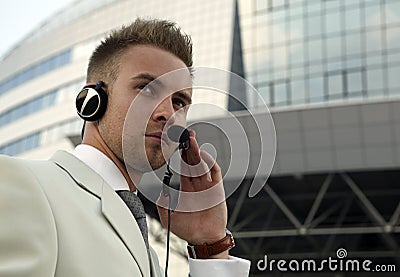 Security agent watching downtown area Stock Photo