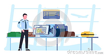 Security at airport. Guard scanning passenger luggage on special scanner. X-ray detector terminal. Officer checking Vector Illustration