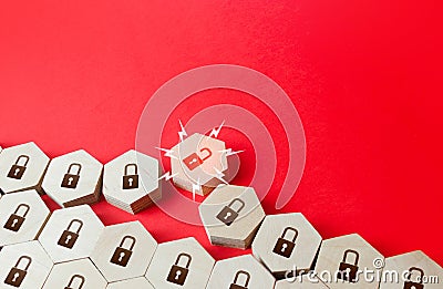 Security breach. Corporate data leakage. Hacker attack. Multilevel network protection. Search for software vulnerabilities Stock Photo