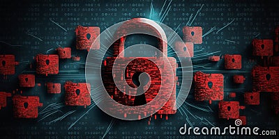 Security breach, system hacked alert with red broken padlock icon showing unsecure data under cyberattack, vulnerable access, Stock Photo