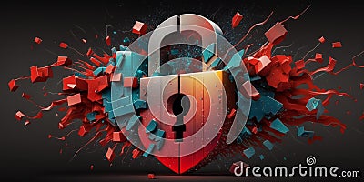 Security breach, system hacked, internet cyber attack alert with red broken padlock icon showing unsecured data, vulnerable access Stock Photo