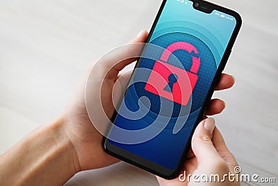 Security breach unlock padlock icon on mobile phone screen. Cyber protection concept. Stock Photo