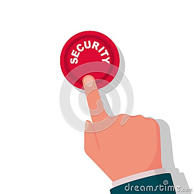 Security button. Hand pressing red button. Vector Illustration