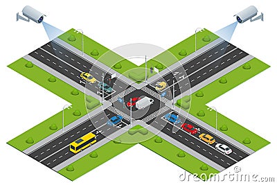 Security camera detects the movement of traffic. CCTV security camera on isometric illustration of traffic jam with rush Vector Illustration