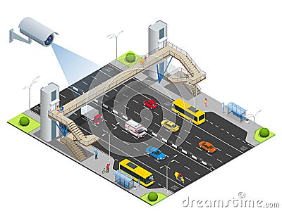 Security camera detects the movement of traffic. CCTV security camera on isometric of traffic jam with rush hour Vector Illustration