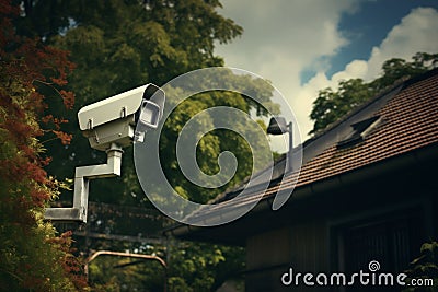 A security camera, overlooking from its high vantage point, ensures the monitoring of a property against a cloudy Stock Photo