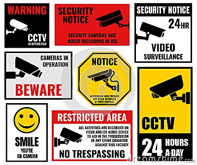 Security camera signs, cctv stickers Vector Illustration