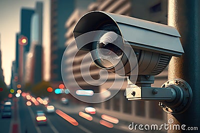 A security camera surveilling a fast-paced modern city street. Generative AI illustration Cartoon Illustration