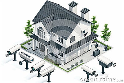 Security camera systems with light controls manage recording access, using alarm sensor alarms to broadcast external technology en Cartoon Illustration