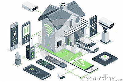 Security cameras with AI updates in smart homes monitor seniors by networking sensors and applying machine learning. Cartoon Illustration