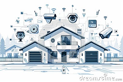 Security cameras with biometrics manage secure monitoring in public networks, connecting surveillance technology in urban environm Cartoon Illustration