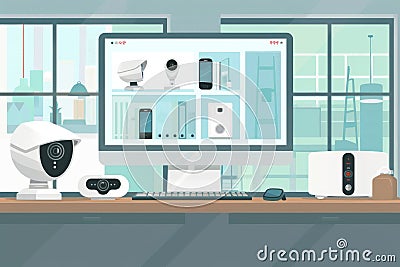 Security cameras secure IoT communications in close proximity, with Security technology observing systems to ensure up-to-date Int Cartoon Illustration