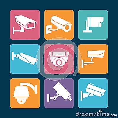 Security cameras white icons on colorful backdrop Vector Illustration