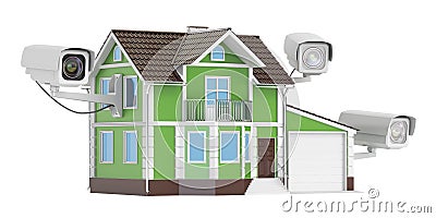 Security CCTV cameras on the house, 3D rendering Stock Photo
