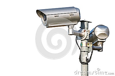 Security CCTV video camera. Isolated on white background. Stock Photo