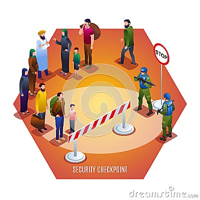 Security Checkpoint of Peacekeepers Blue Helmets Illustration isometric icons on isolated background Vector Illustration