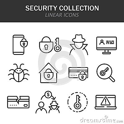 Security collection linear icons in black on a white background Vector Illustration