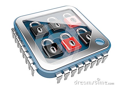 Security concept. CPU Computer chip with lock Stock Photo