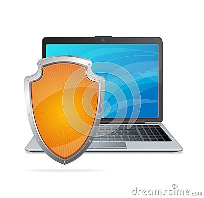 Security concept. Shield antivirus and laptop Vector Illustration