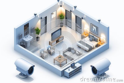 Security concepts in apps secure properties with video feeds, integrating protection, surveillance industry interfaces, and respon Cartoon Illustration