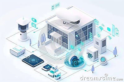 Security concepts integrate security notifications with public camera access, enhancing protection with electronic fencing and hom Cartoon Illustration