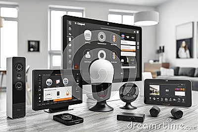 Security concepts manage comprehensive surveillance in home environments, using high-speed Wi-Fi for uninterrupted connections tha Cartoon Illustration