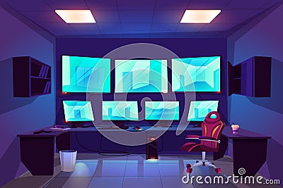 Security control cctv room interior with monitors Vector Illustration