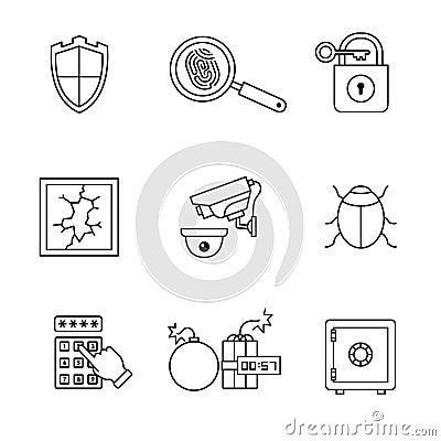 Security and cybersecurity icons thin line art set Vector Illustration