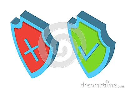 Security 3D Shields. Armor isometric plate. Symbol of security and protection. Check mark icons. Green tick and red cross Stock Photo