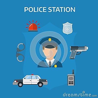 Security elements of the police equipment symbols vector icons. Vector Illustration