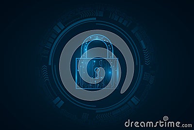 Security futuristic lock in user interface with HUD elements. Password protection of computer system data. Glowing blue Vector Illustration