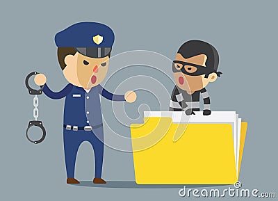 Security guard arrest bandit with handcuff which robbery business data. Vector Illustration