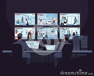 Security guard characters monitoring cctv video footage on computer screen, flat vector illustration. Security room. Vector Illustration