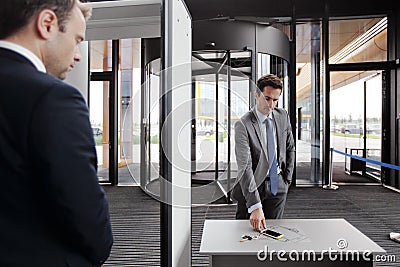 Security guard controlling gate Stock Photo