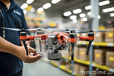 A security guard launches a security camera drone into a large warehouse Stock Photo