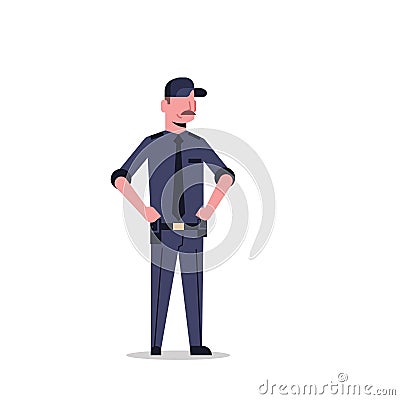 Security guard man in black uniform police officer male cartoon character full length flat isolated Vector Illustration