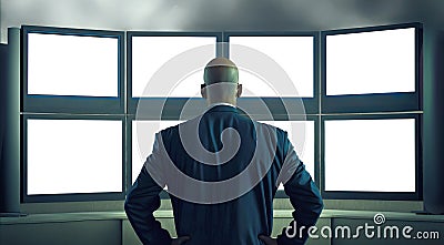 A security guard monitors multiple screens standing in a control room. Generative AI illustration with copy space Cartoon Illustration