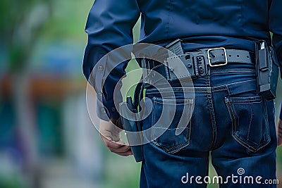 Security guard's equipment belt with portable radio and holster Stock Photo