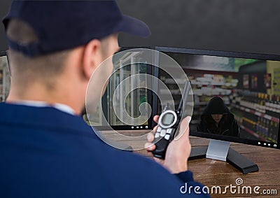 Security guard of the supermarket warning the police of the steal Stock Photo