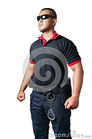 Security guards wear dark glasses. Standing up looking strong and handcuffed on the tactical belt. on isolated white background Stock Photo