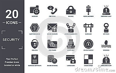 security icon set. include creative elements as unsecure, emergency light, barricade, safety seat, secure database, padlocks Vector Illustration