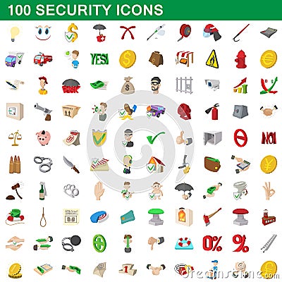 100 security icons set, cartoon style Vector Illustration